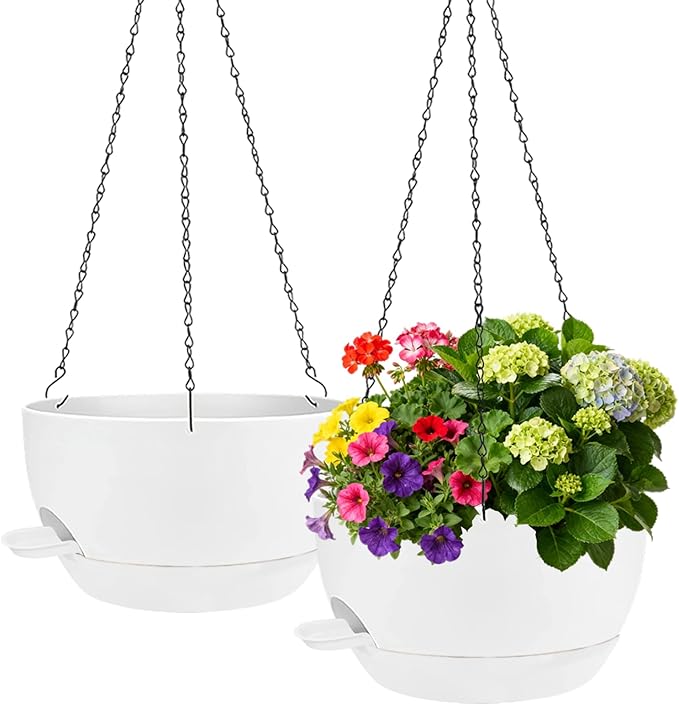 2 Pack Hanging Planters for Indoor Outdoor Plants, 12Inch Self Watering Hanging Pot with Drainage Holes and Saucer, Plastic Plant Pots, White Flower Pots for Kitchen, Balcony, Garden