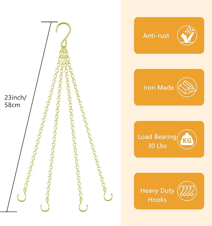 garini 3 Pack, 23 Inch Hanging Baskets Chain, Gold Hanging Chains with Hooks Flower Pot Chain Replacement Plant Hangers for Planters, Bird Feeders and Lanterns