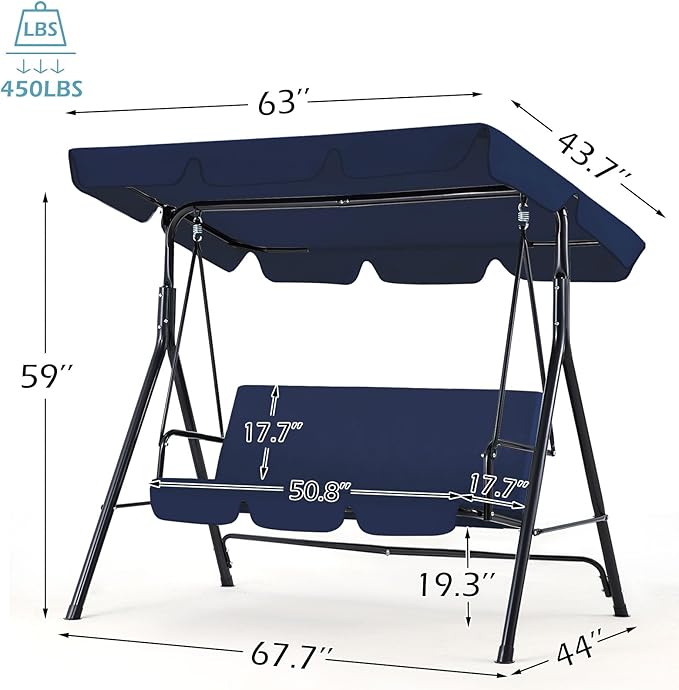 AECOJOY Porch Swing with Stand, 3-Seat Outdoor Clearance Porch Swings for Adults, Outdoor Patio Swing with Adjustable Canopy & Removable Cushion for Backyard, Garden, Yard, Poolside, Balcony (Blue)
