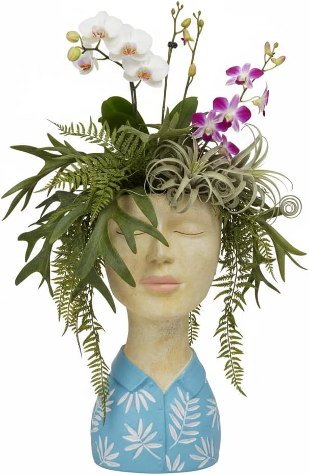 DiliComing Face Planter Pot Head Planter - Resin Blue Boy Head Planters for Indoor Outdoor Plants Decorative Flower Pot for Garden Home Office Bust Sculpture Plant Stand 5x6x10.5 Inch