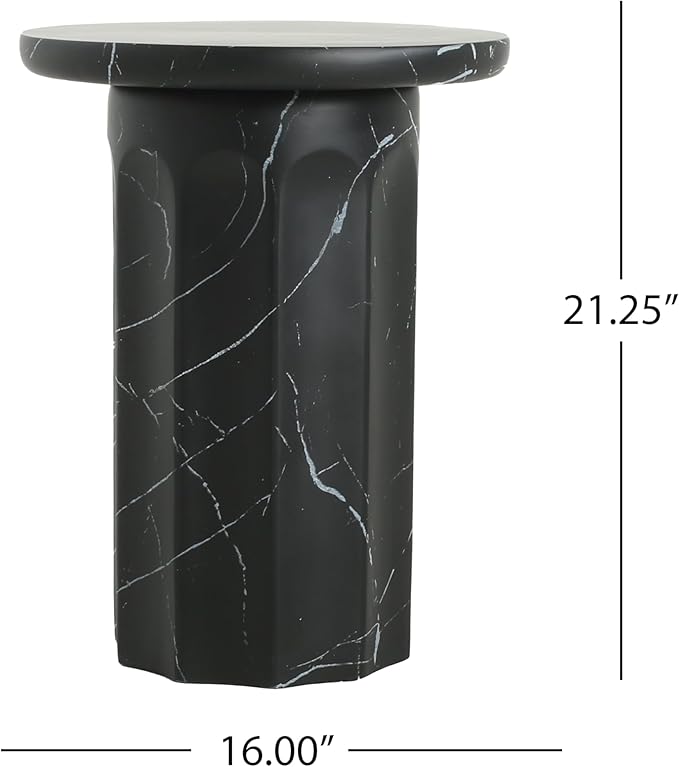 Christopher Knight Home Mervynt Outdoor Side Table, Lightweight Concrete Patio End Table Garden Stool with Round Top, Decorative Accent Table for Patio Balcony Beach Pool Side, Black Marble Finish