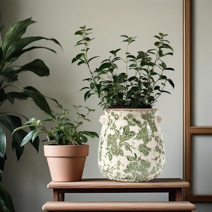Vintage Plant Pot Rustic Planter Container with Drainage Hole Ceramic Ice Crack Flower Pot Decorative Planter for Indoor and Outdoor Tuscan Decor Vase Gardening Gift (Green)