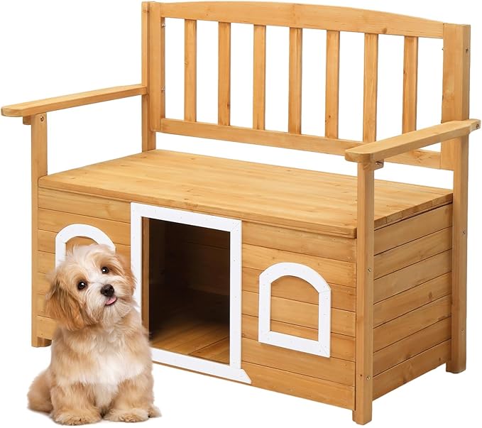VINGLI Outdoor Storage Bench with Built-in Dog House, 2-in-1 Outdoor Waterproof Patio Bench with Pet Kennel for Patio Backyard Porch (Natural)