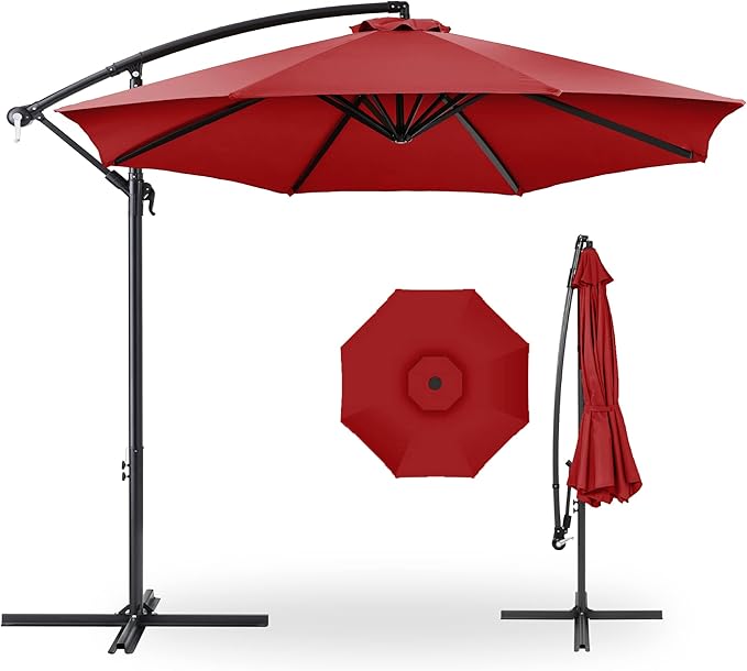 Best Choice Products 10ft Offset Hanging Market Patio Umbrella w/Easy Tilt Adjustment, Polyester Shade, 8 Ribs for Backyard, Poolside, Lawn and Garden - Red