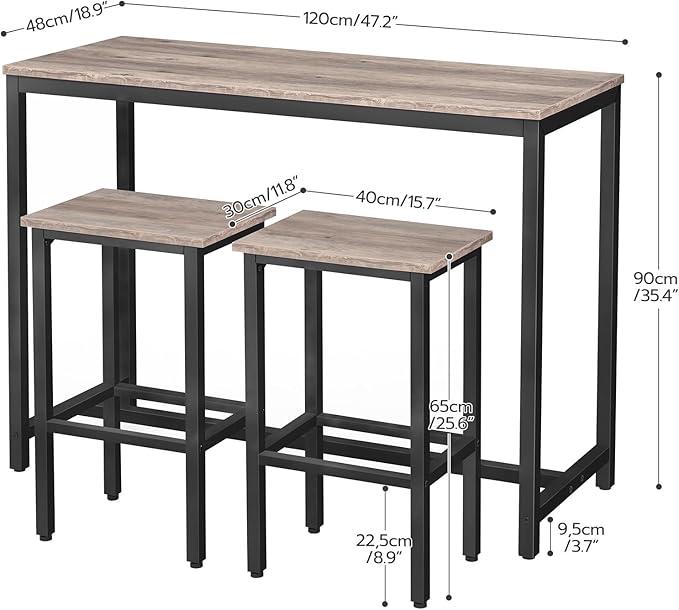 HOOBRO Bar Table and Chairs Set, 47.2” Rectangular Pub Table with 2 Stools for Small Space, High Top Table, 3-Piece Breakfast Set, Sturdy Metal Frame, Easy to Assemble, Greige BG52BT01