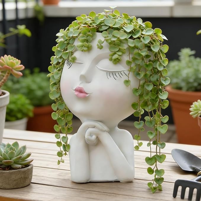 Face Planter, Head Planter, Plant Pots Indoor, Plant Pot for Home Decor, Flower Pots with Drainage, Cute Planters for Women, Succulent Pots, Face Flower Pot(7.2 Inch)