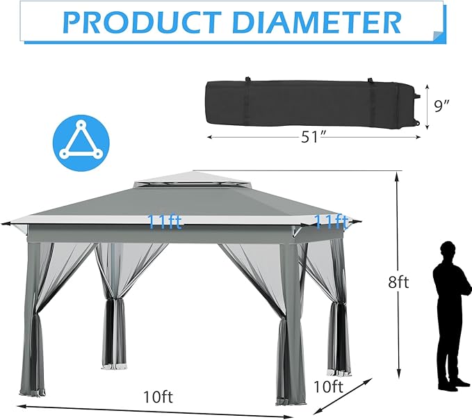 ECOTOUGE Pop Up Canopy Tent with Mosquito Nettings, Instant Shelte gazebos on Clearance w/Carrying Roller Bag, Waterproof and UV Resistant Canopy Tent for Grill, Garden and Backyard(Grey-White,11FT)