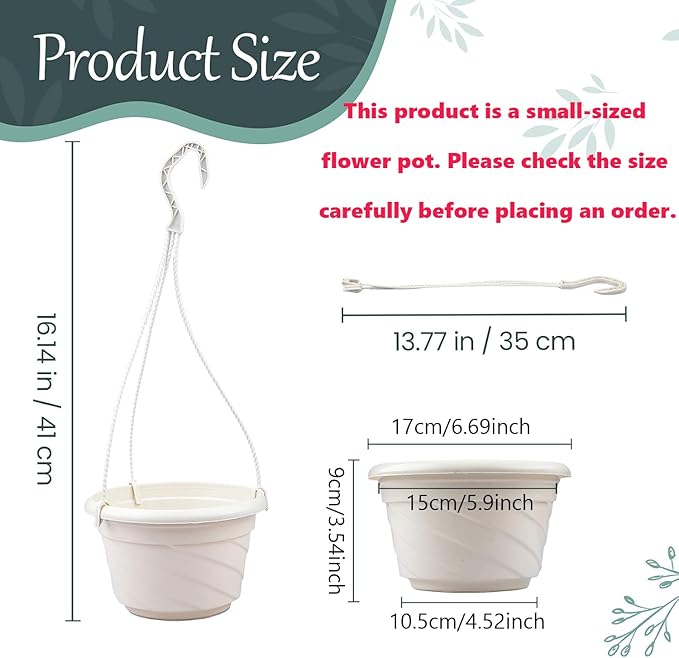 VIDELLY 4 Pieces Plastic Hanging Planters, 5.9 in Dia x 3.54 in H, Small Flower Plant Basket Pots Chain Holder Garden Decoration for Indoor and Outdoor Use, Beige White