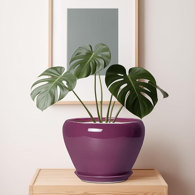 10 Inch Plant Pot - Ceramic Planter with Drainage Hole and Saucer, Round Modern Flower Pot for Indoor Outdoor Plants, Housewarming Gift, Home Garden Decor, Purple