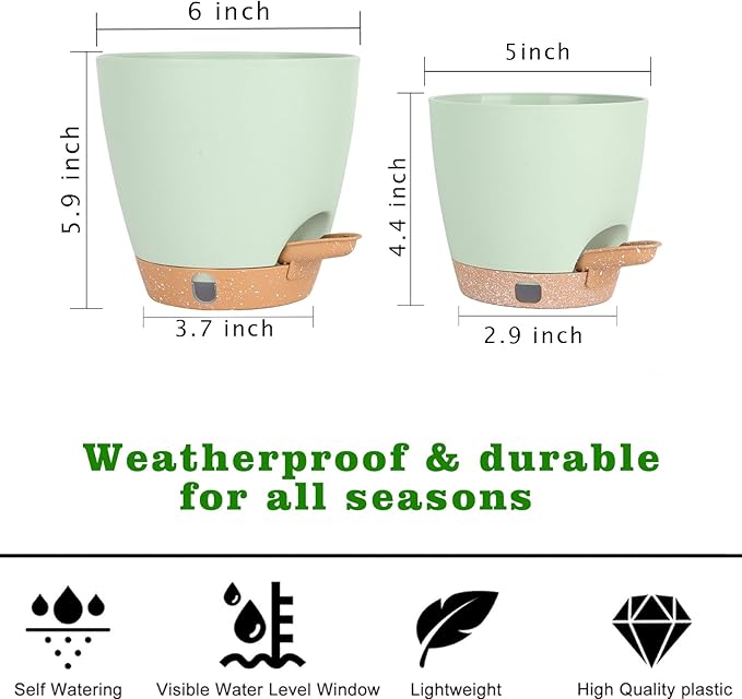 Self-Watering Plant Pots for Indoor Plants: 5/6 Inch Plastic Planter with Water Level Indicator, Drainage Holes & Deep Reservoir, Modern Decorative Flower Pot (Green)
