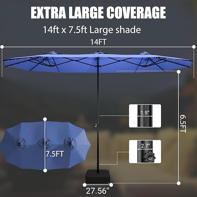 LEVELEVE 14FT Large Patio Patio Umbrella with Base & Solar LED Lights - Double-Sided,Blue