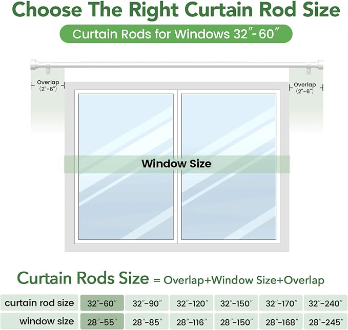 Curtain Rods for Windows 28 to 48, 1 Inch Adjustable White Heavy Duty Curtain Rod, Modern Style Indoor Outdoor Drapery Rods with End Caps, Size 32" - 60"