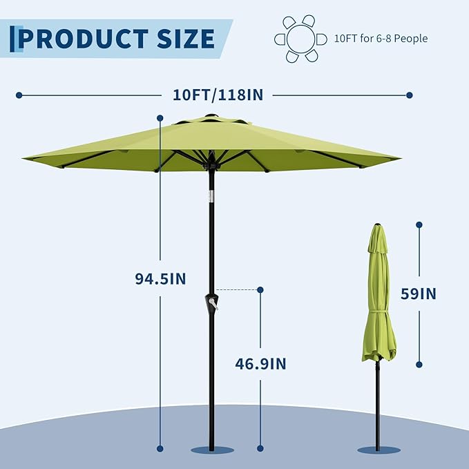 Garvee 10FT Patio Umbrella - Outdoor Table Umbrella with Smooth Crank Lift, Push Button Tilt and 8 Sturdy Ribs - Market Umbrella UV Protection Waterproof for Pool, Deck, Yard, Garden (Apple Green)