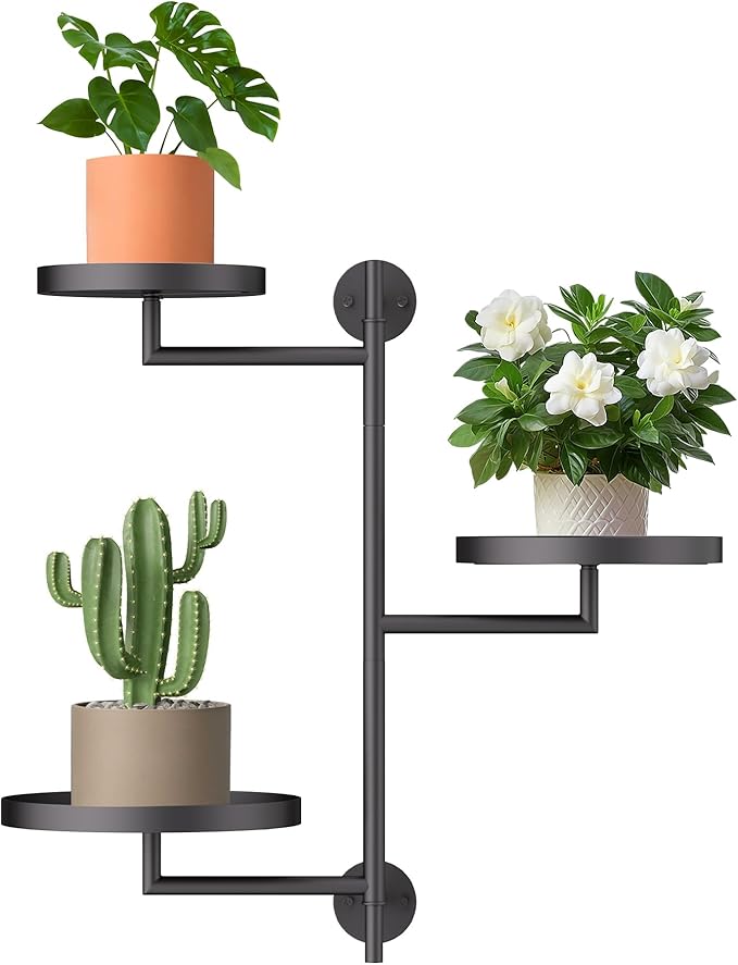Window Rotating Plant Stand Shelf Indoor Black Metal Floating Shelves 3-Tier Wall Mount Plant Holders for Living Room Wall Planter Modern Home Decor for Gardening