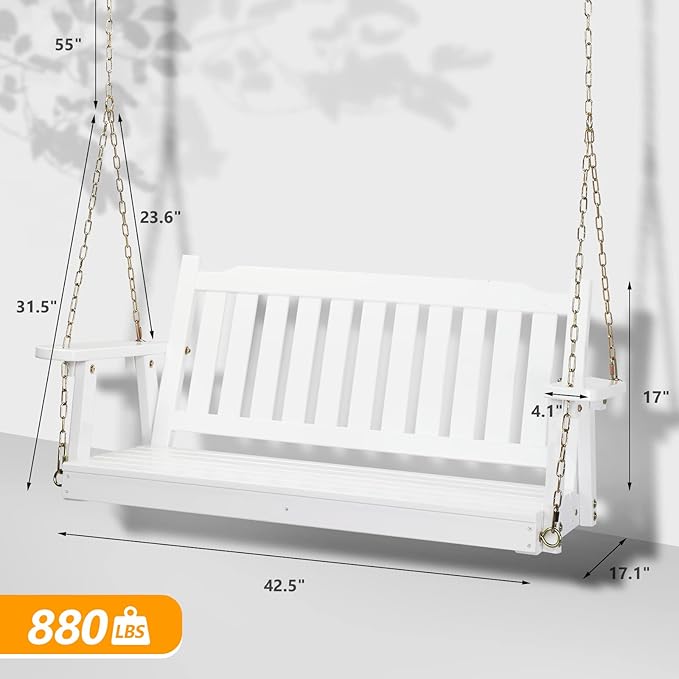 VINGLI Upgraded Heavy Duty 880 LBS 4 FT Patio Wooden Porch Swing Solid Fir Wood, Outdoor Handing Swing Bench for Garden | Yard | Balcony | Tree, White