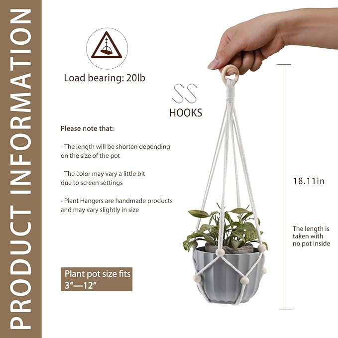 Artilady Hanging Planter for Indoor Plants Macrame Plant Hanger Large Hanging Plant Holder with Adjustable Beads Plants Basket White Rope Boho Plant Wall Decor (White Bead-2pcs)
