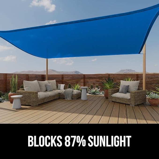 GORILLA GRIP Heavy Duty Sun Shade, UV Protection Fade Tear and Rust Resistant Rectangle Sunshade Canopy, Curved Edges Blocks Sunlight, Breathable Sail, Outdoor Patio, Lawn Garden, 16x16x16, Blue