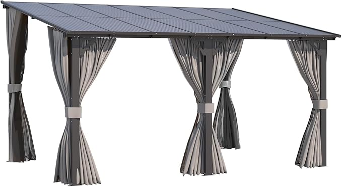 AECOJOY 14' x 10' Gazebo for Patio, Hard Top Lean to Gazebo Pergola with Curtains and Mosquito Netting, Large Wall-Mounted Heavy Duty Awnings for Patio, Decks, Backyard and More