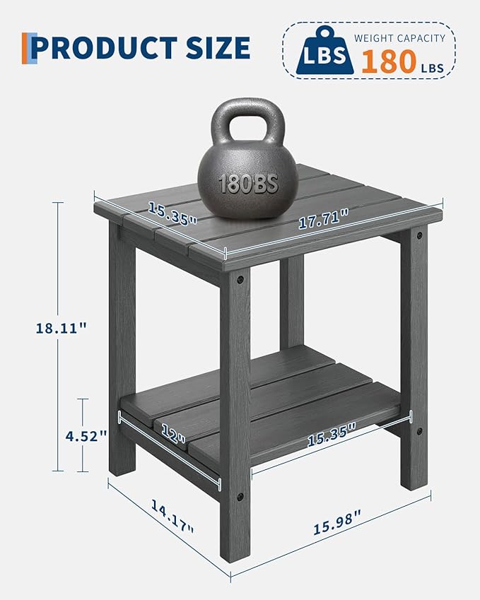GarveeLife Outdoor Side Table 2-Tier, 18 in HDPE All Weather Resistant Patio Side Tables for Outside, End Table for Patio Pool Deck Indoor Backyard, Grey