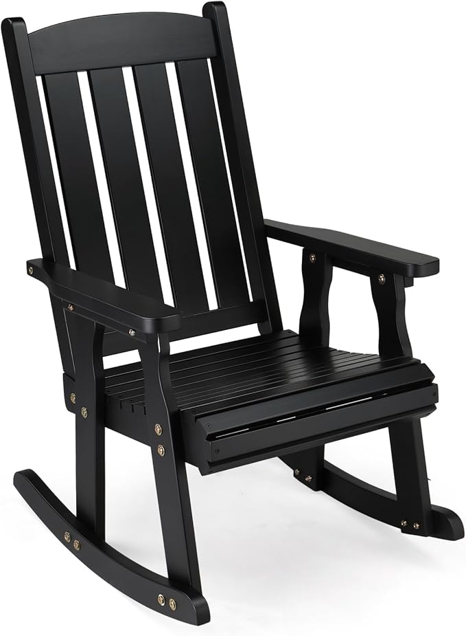 VINGLI Heavy Duty 600 LBS Outdoor Wooden Rocking Chair with Higher Backrest,Patio Rocking Chair with Ergonomic Design, Weatherproof Outdoor Rockers Suit for Patio, Garden, Balcony, Yard, Black