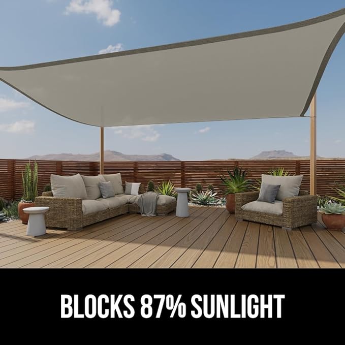 GORILLA GRIP Heavy Duty Sun Shade, UV Protection Fade Tear and Rust Resistant Rectangle Sunshade Canopy, Curved Edges Blocks Sunlight, Breathable Sail, Outdoor Patio, Lawn Garden, 8x12 FT Gray