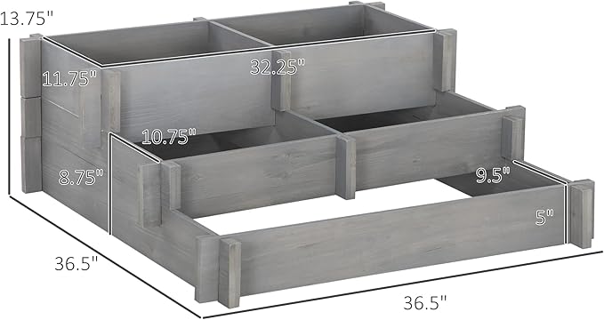 Outsunny 3-Tier Raised Garden Bed with 5 Compartments and Bed Liner, Fir Wood Elevated Planter Box, for Vegetables, Herbs, Outdoor Plants, 37 x 37 x 14in, Gray