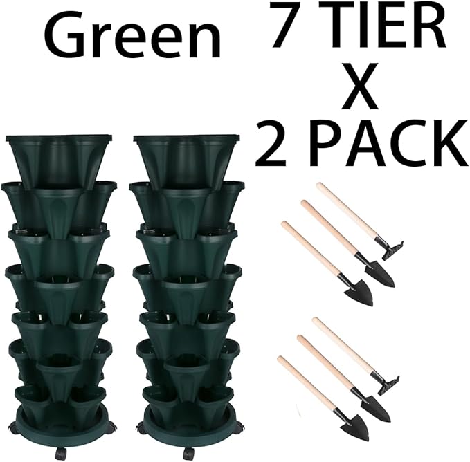GameXcel Vertical Planter 7 Tier Stackable Planters Garden Planters Strawberry Herb Flower and Vegetable Planter Indoor Outdoor Gardening Pots with Removable Wheels and Tools 2-Pack