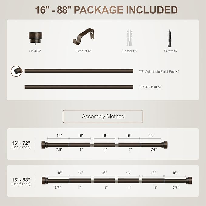Modern Antique Brown Bronze Curtain Rods for Windows 48 to 84 Inches Adjustable Heavy Duty 1" Diameter Window Rod with Decorative Finials for Outdoor Farmhouse Bedroom Kitchen Living Room
