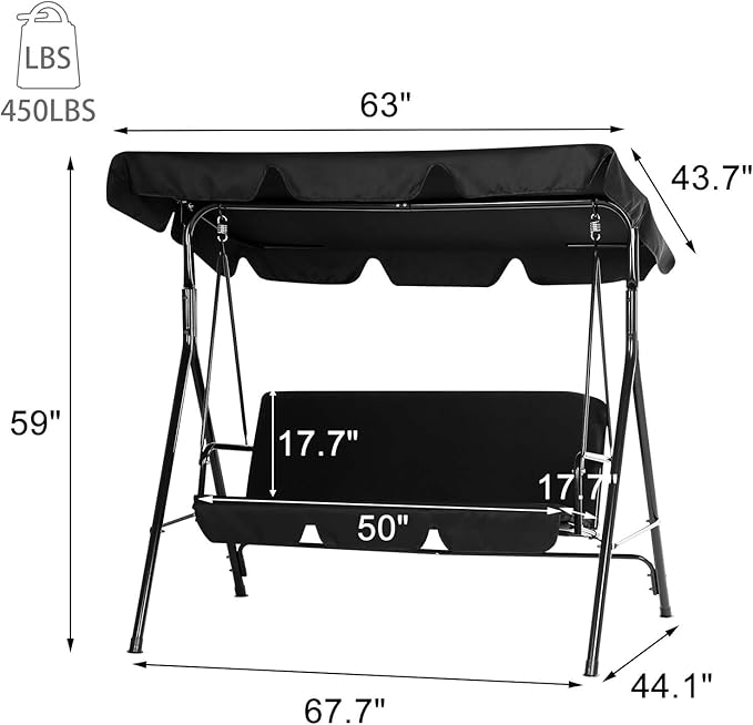 AECOJOY Porch Swing with Stand, Outdoor Swings for Adults, 3-Seat Outdoor Swing with Canopy, Outside Swing Bench with Removable Cushion, Suitable for Backyard, Garden, Yard, Poolside, Balcony (Black)