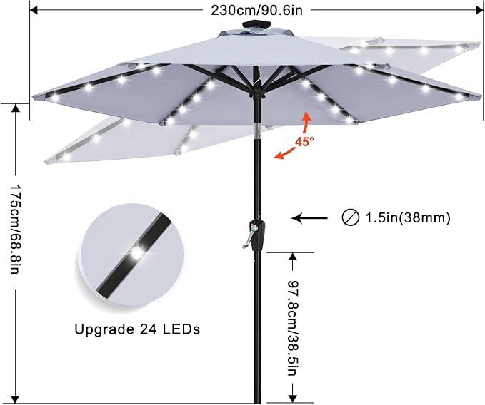 ABCCANOPY Durable Solar Led Patio Umbrellas with 24LED Lights 7.5FT with 6 Sturdy Ribs (Fog Gray)
