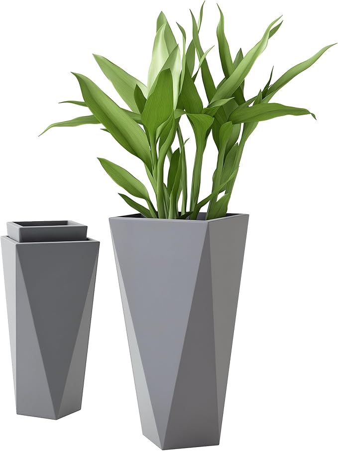 Outsunny Set of 3 Tall Planters, 28.75", 24.5", 20.5", MgO Indoor Outdoor Planters with Drainage Holes, Stackable Flower Pots for Garden, Patio, Balcony, Front Door, Gray