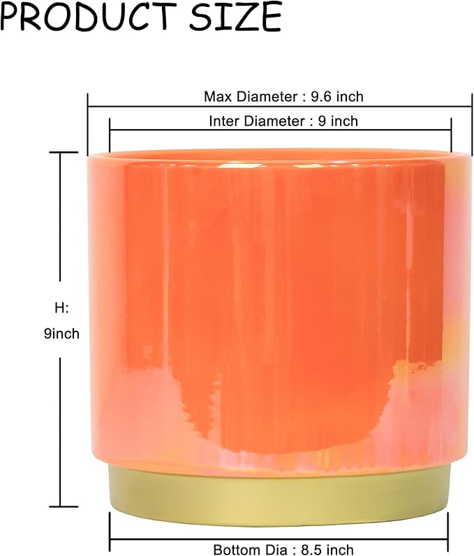 Gepege Peach Indoor Plant Pots for Plants, Large Ceramic Planter with Drainage Hole, 9.6-inch Succulent Orchid Flower Pot - Rainbow Pearl Glaze