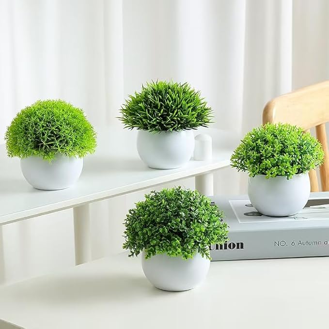 Fake Plants 4 Packs Artificial Potted Plants Faux Greenery Small Fake Shelf or Desk Greenery for Home Indoor,Faux-Indoor-Living Room-Home-Outdoor