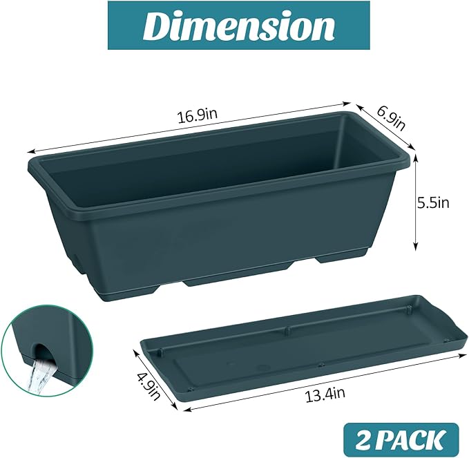 CADUKE 2 Pack Railing Planter Boxes Railing Flower Box with Adjustable Bracket 17 Inch Window Boxes Rectangle Window Deck Hanging Planters Boxes for Outdoor Patio, Green