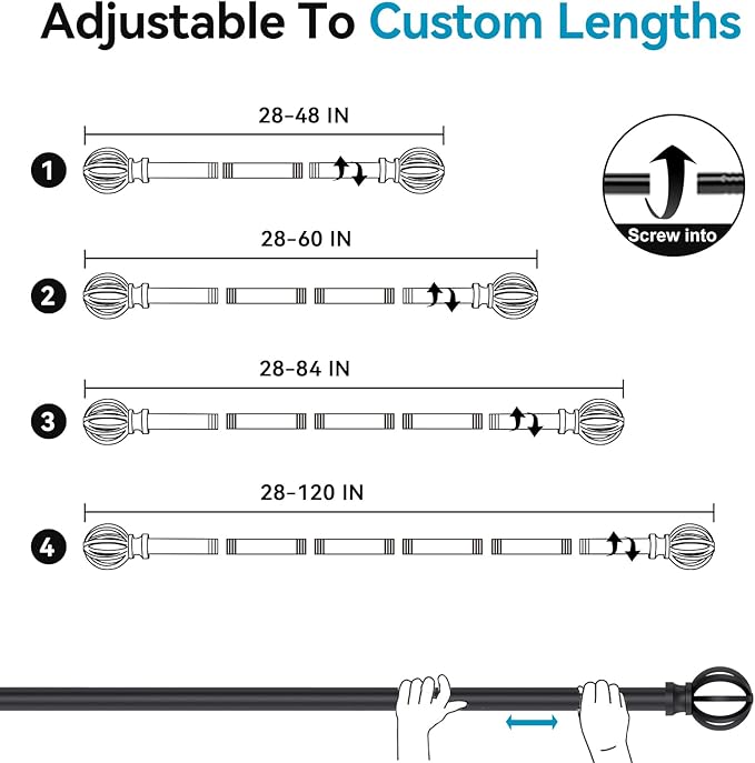 Curtain Rods for Windows 28 to 60 Inch - 2 Pack 5/8” Black Metal Heavy Duty - Decorative Window Small Curtains Rod with Brackets for Kitchen, Bathroom, Sliding Cafe Drapery Rods Door