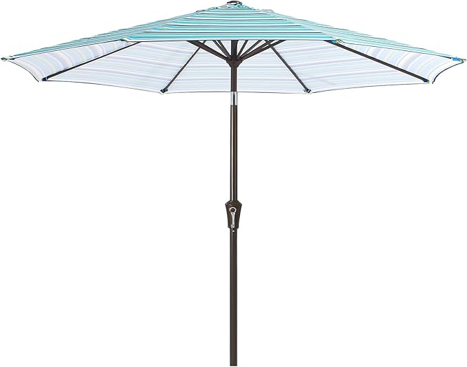 MEWAY 9ft Patio Umbrella Outdoor Table Umbrellas with Push Button Tilt and Crank, Market Umbrella 8 Sturdy Ribs for Deck, Garden, Pool and Backyard, Blue Green Stripe
