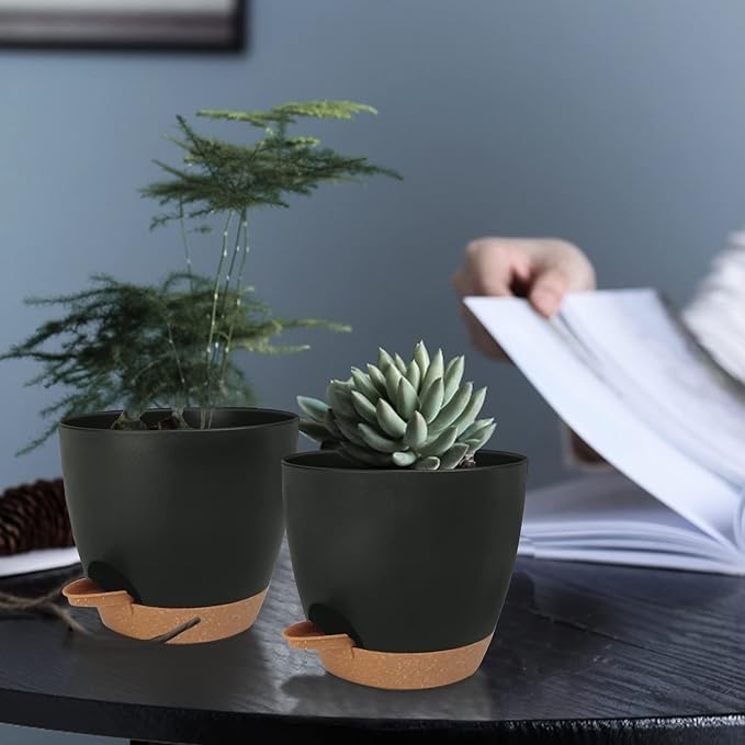 Self Watering Planters with Drainage Holes Reservoir,Nursery Planting Pot for Indoor Decor Garden Plants Succulents,Snake Plant, African Violet,Plastic Flower Pots Set 7+6.5+6+5.5+5 Inch (Black)