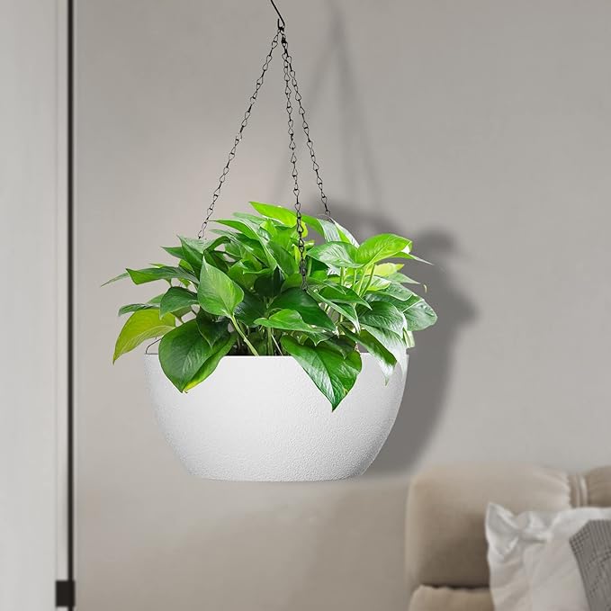10 inch Hanging Planters for Outdoor Indoor Plants with Drainage Holes and Chain, 2 Pack Round Hanging Flower Plant Pots for Garden Home Porch Decor, White