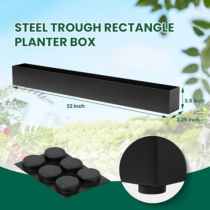 Trough Rectangle Planter Window Sill Planter Box Long Window Planters Modern Galvanized Steel Succulent Planter Black Metal Windowsill Pot 32 in for Indoor Plants Herb Table Home Outdoor