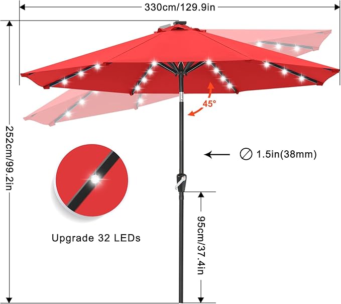 ABCCANOPY Durable Solar Led Patio Umbrellas with 32LED Lights 11FT（Red）