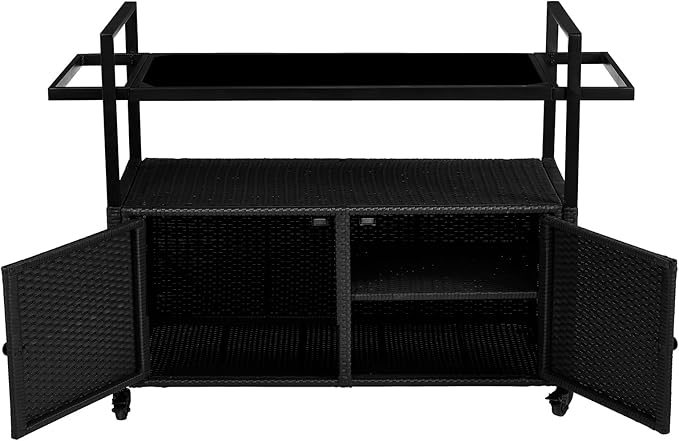 VINGLI Wicker Outdoor Bar Cart with Storage and Wheels, Outdoor Bar Table Serving Cart Rattan Bar Cart with Glass Top and Shelf for Pool, Party, Backyard, Porch (Black)