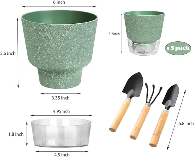 6-Inch Self-Watering Plant Pot with Visual Reservoir and Drainage Hole, Set of 5, Plastic Flower Pots, Planting Pot for Indoor Outdoor Plants (Frosted Mixed Color)