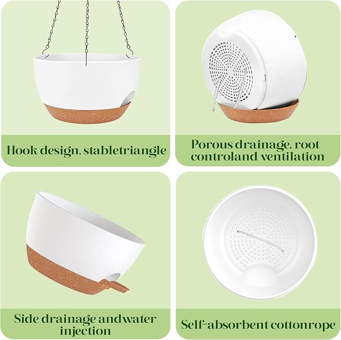 2 Pack 10 Inch Self Watering Hanging Planters for Indoor Plants, Large White Brown Plastic Hanging Pots with Chains for Outdoor Patio Garden Home Decor (White Brown)