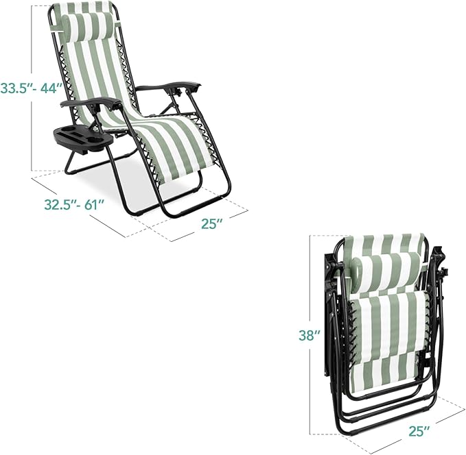 Best Choice Products Set of 2 Adjustable Steel Mesh Zero Gravity Lounge Chair Recliners w/Pillows and Cup Holder Trays - Sage Green Striped