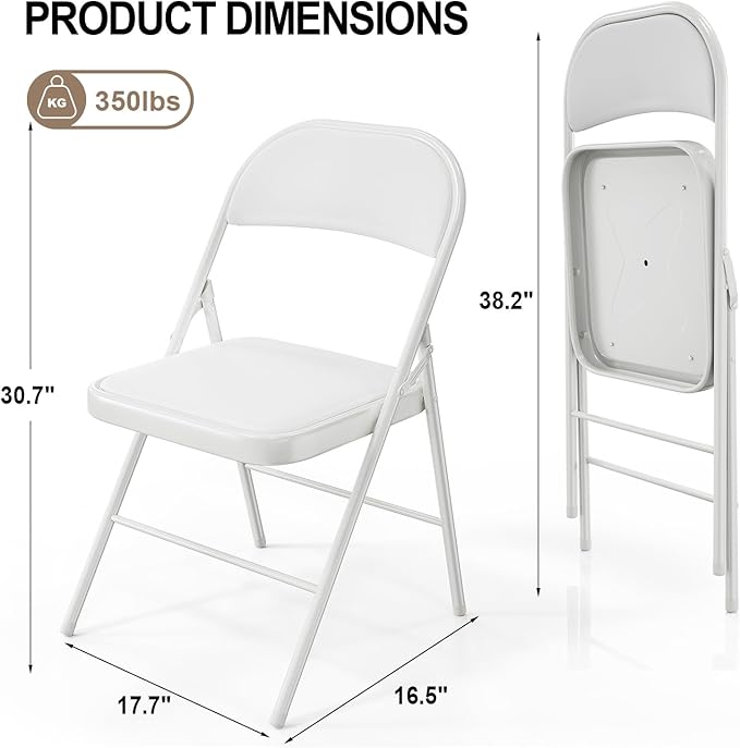 VINGLI 6 Pack Folding Chairs with Padded Seats, Metal Frame with Pu Leather Seat & Back, Capacity 350 lbs, White