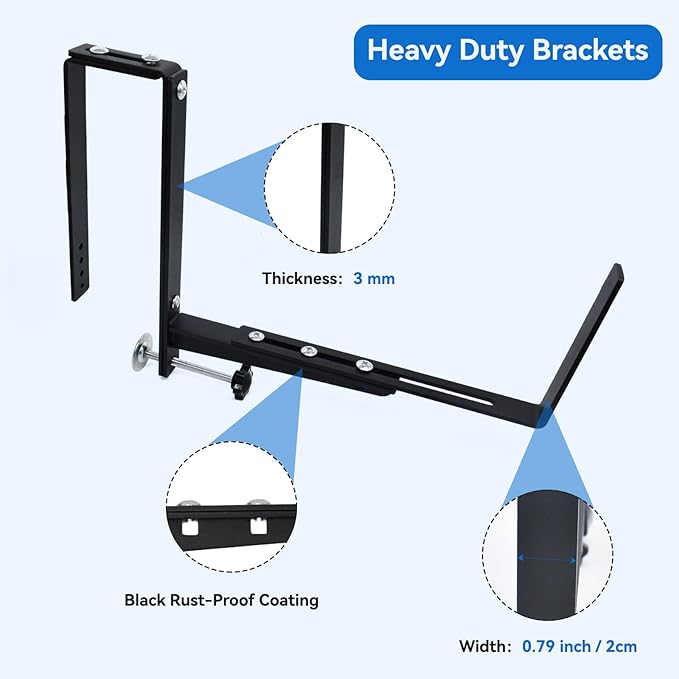 Halatool 2-Pack Adjustable Window Box Bracket, Heavy Duty Wall Mount Planter Holder for Outdoor Window Flower Boxes on Balcony, Porch, Fence and Patio