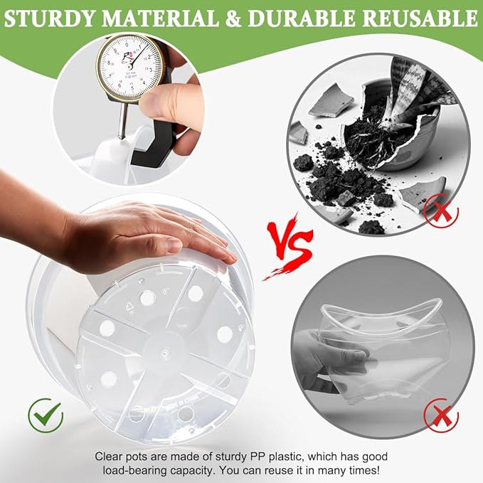 12 Pack 8 Inch Clear Plant Pots with Saucers, Transparent Plastic Nursery Pots with Drainage Hole, Sturdy Garden Planter Pots, Planting Starter Pots for Indoor Outdoor