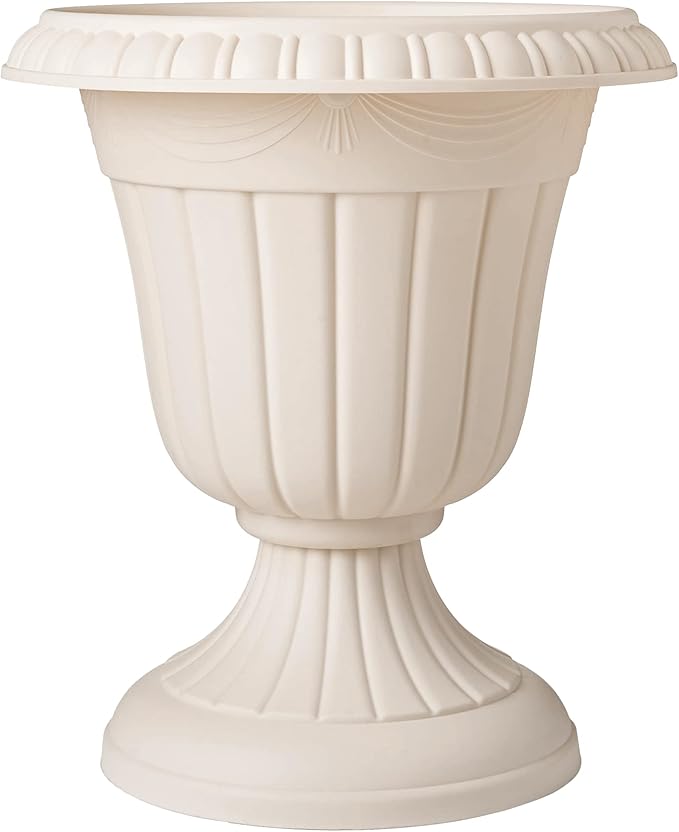 Arcadia Garden Products PL00BG Classic Traditional Plastic Urn Planter, 16” x 18”, Beige