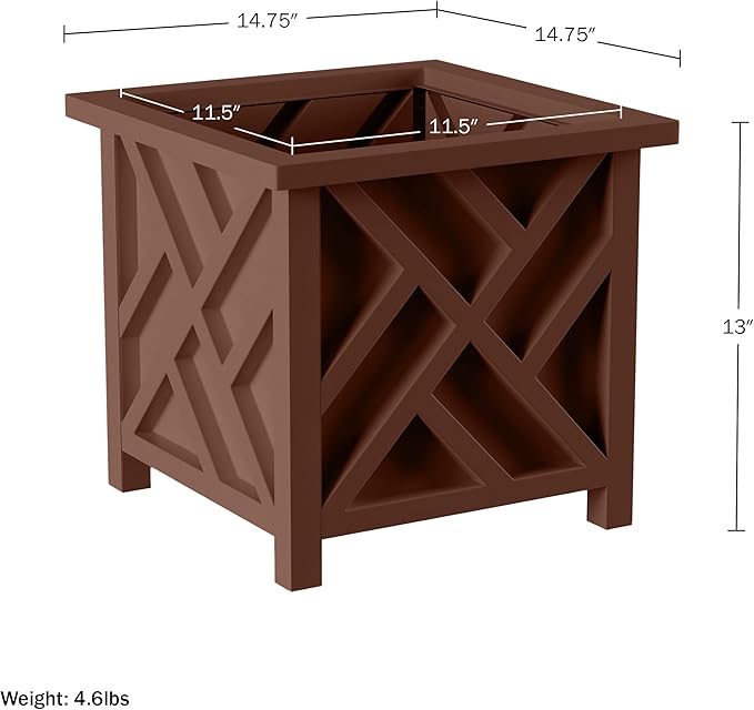 Lattice Design Outdoor Planter Box 2-Pack - 14.75” Square 13” Tall Brown Decorative Plant Pots for Front Porch Decor - Flower Pots Outdoor Planters for Porch Patio or Garden Decor by Pure Garden