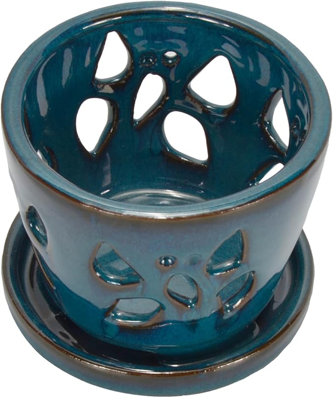 W&W Orchid Pot with Holes and Saucer for Repotting, Teal, 5 Inch